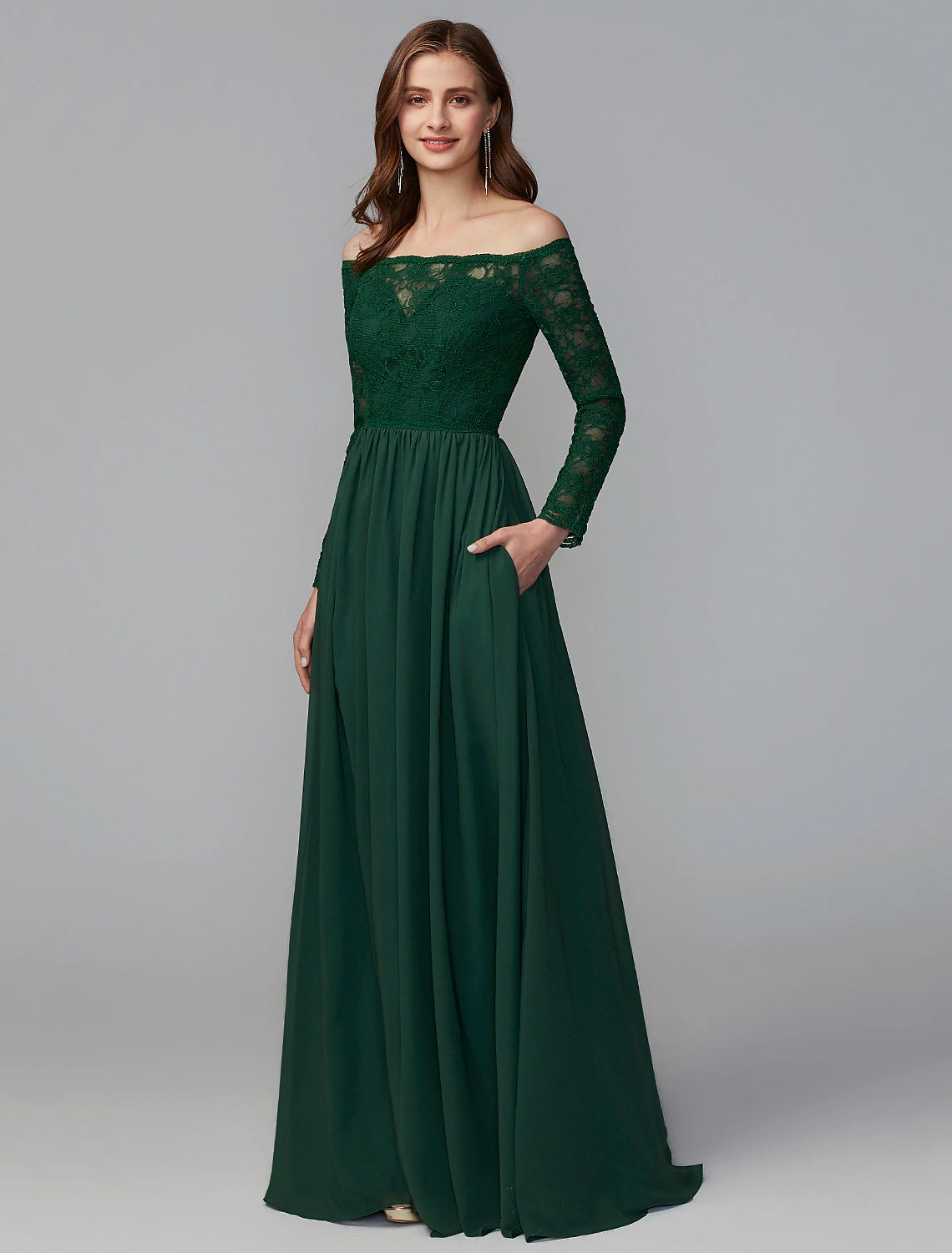 Abito da damigella d'onore a trapezio, con spalle scoperte, maniche lunghe, elegante, lunghezza pavimento, in chiffon/pizzo con pizzo